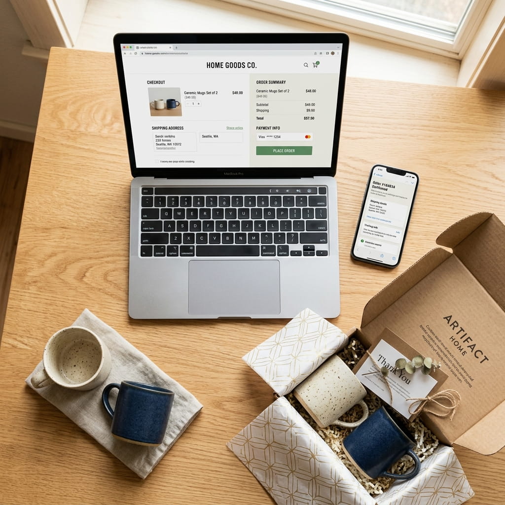 Laptop mostrando el checkout de una tienda en línea junto a productos empacados