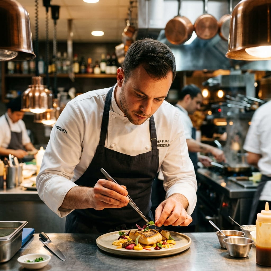Chef emplatando un platillo en la cocina de un restaurante