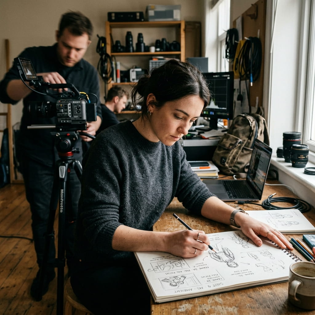 Equipo creativo trabajando en un storyboard y una grabación de video